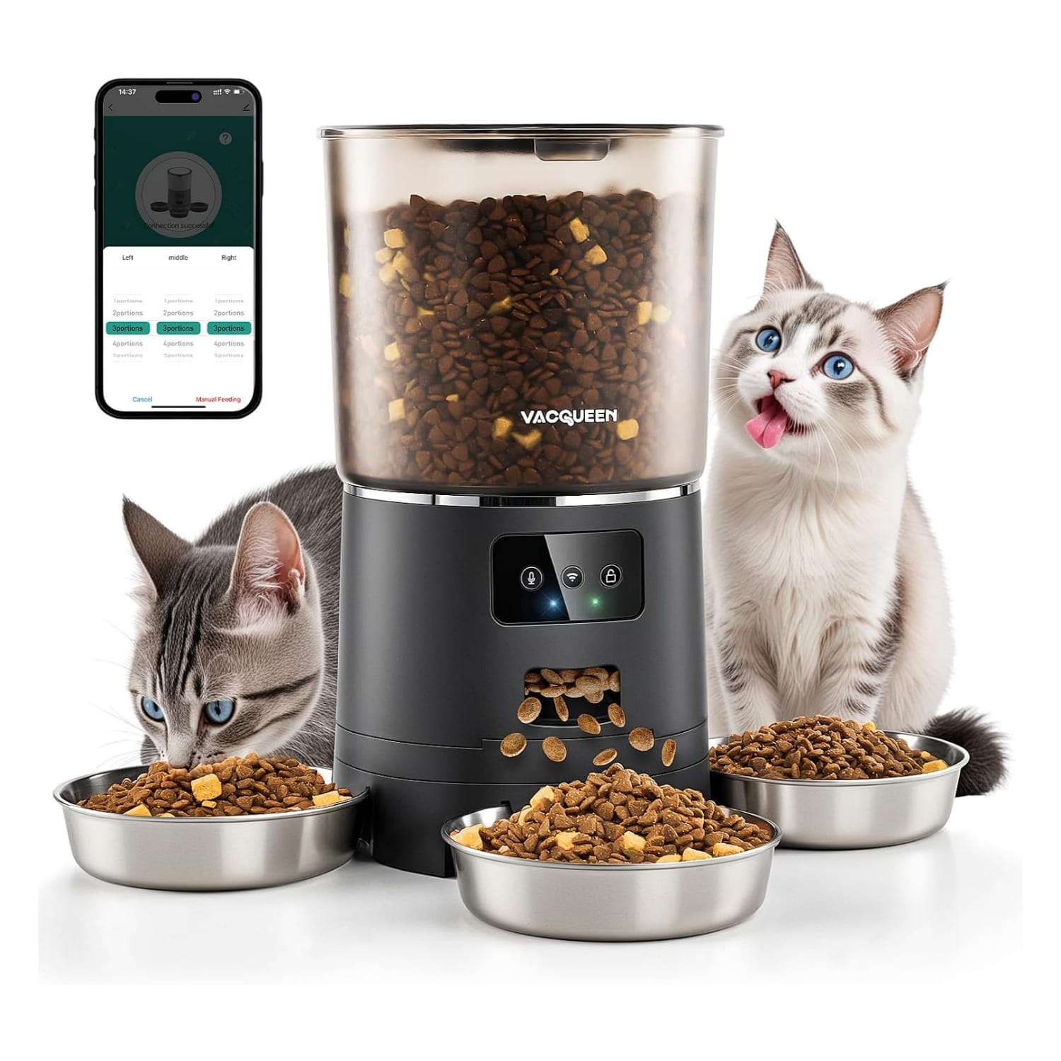 Comedero automático para 3 gatos, capacidad de 6 litros, con sistema anti-atascos y Wi-Fi en Chile.