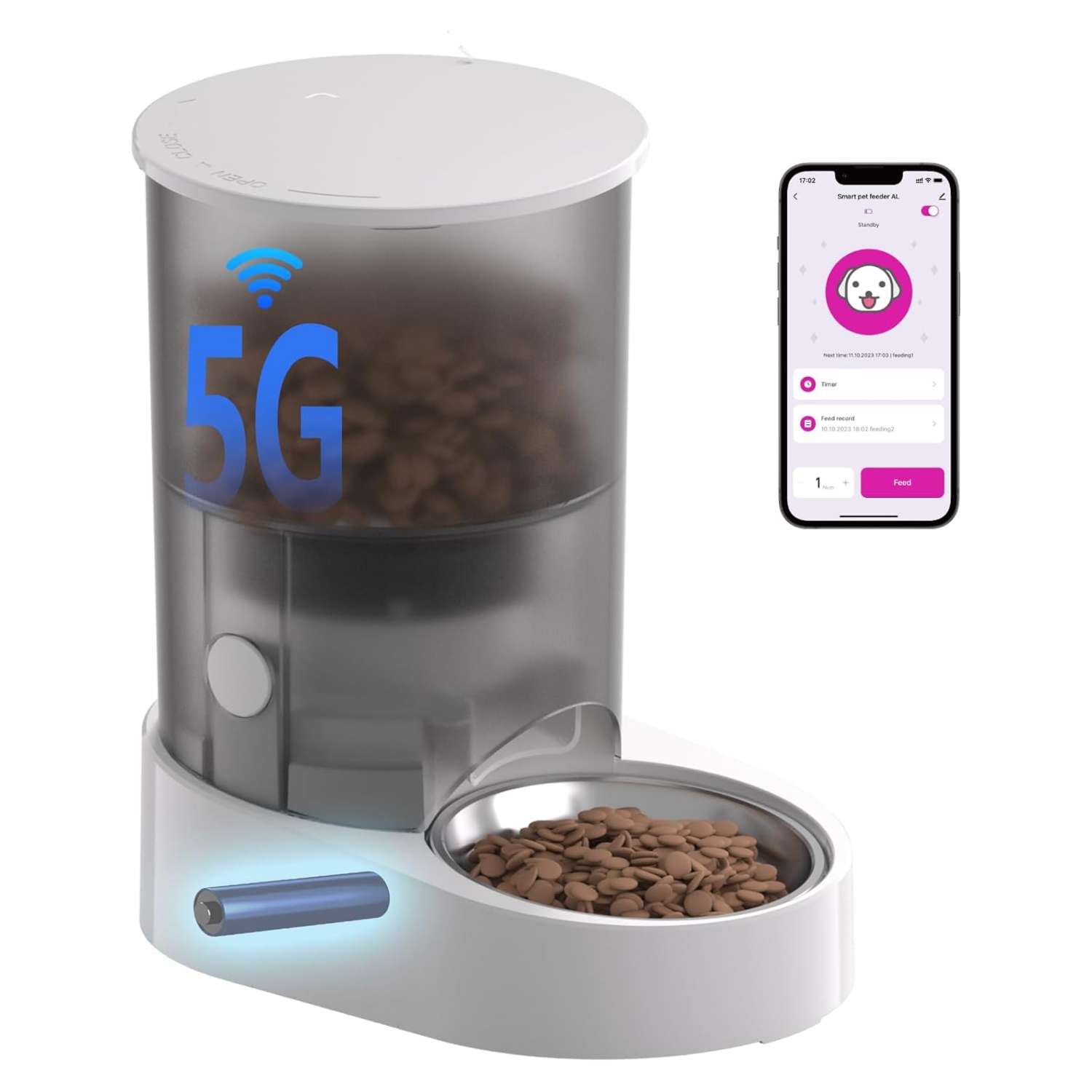 Comedero automático para gatos, con batería recargable, capacidad de 4 litros y Wi-Fi de doble banda en Chile.