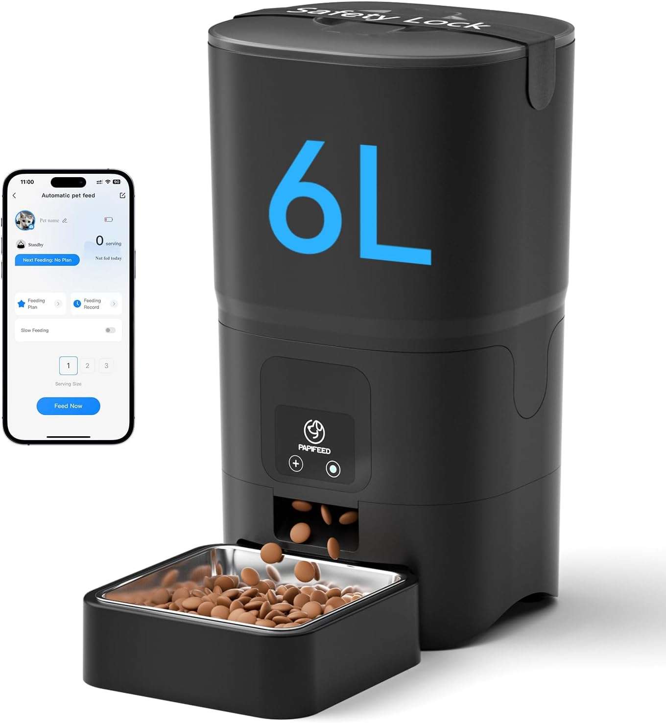 Comedero automático para gatos, con batería recargable, capacidad de 4 litros y Wi-Fi de doble banda en Chile.
