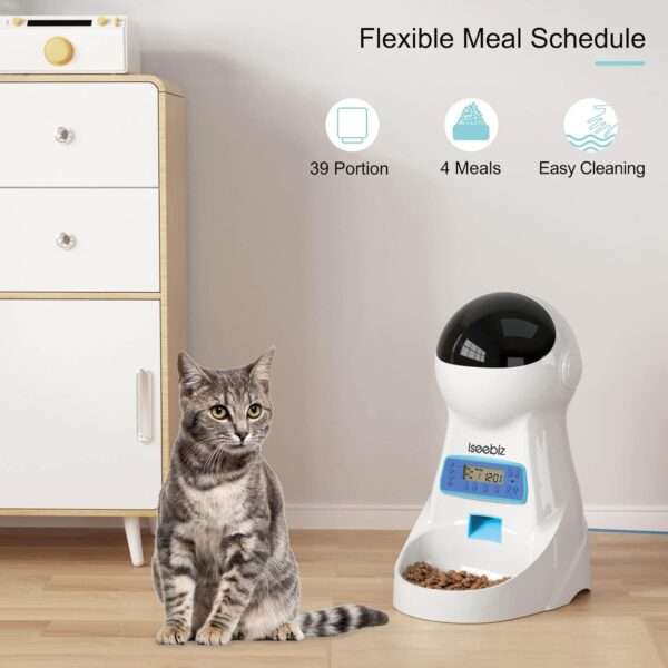 Comedero automático para gatos, programable, con grabadora de voz, capacidad de 3 litros y doble fuente de alimentación en Chile.