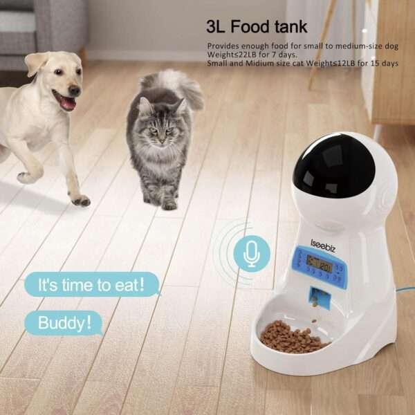Comedero automático para gatos, programable, con grabadora de voz, capacidad de 3 litros y doble fuente de alimentación en Chile.