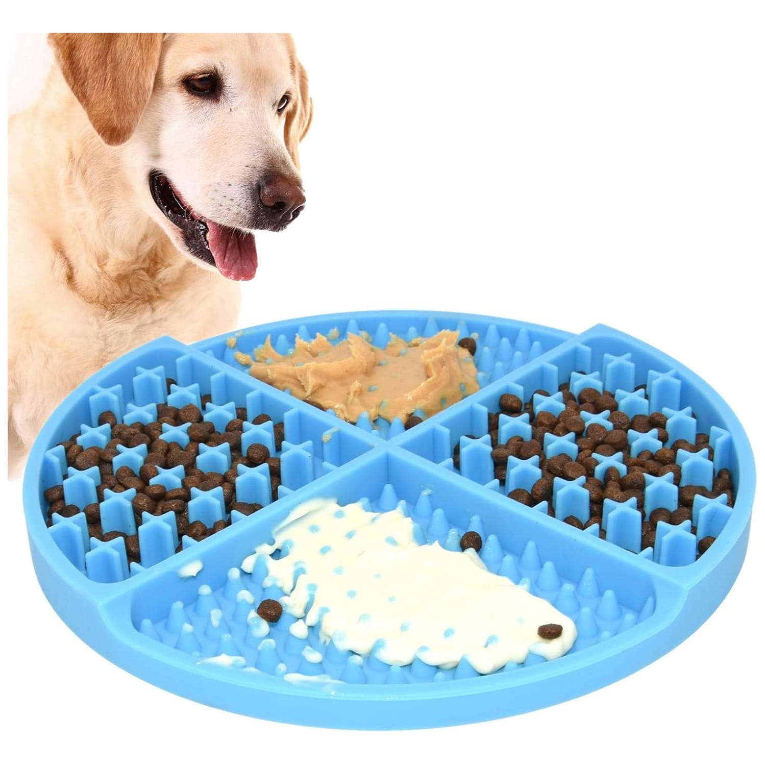 Alfombra de silicona para lamer y comedero lento interactivo con cuadrantes para alimento seco y humedo de perros.