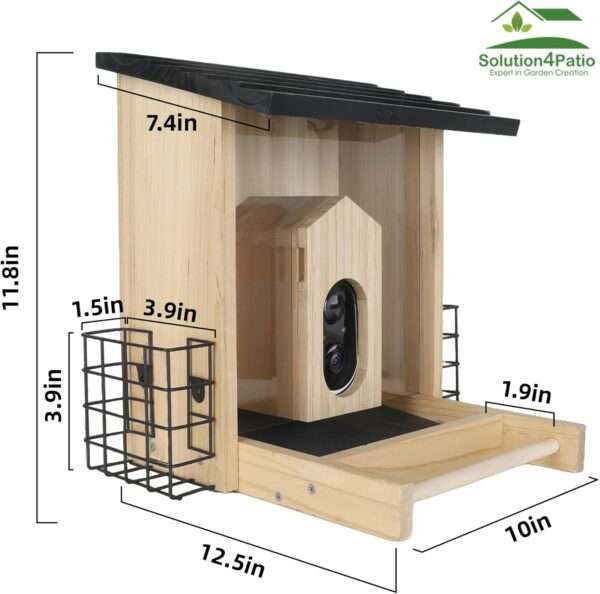Comedero de madera para pájaros con cámara IA, alarma anti-ardillas y resistencia a la intemperie.