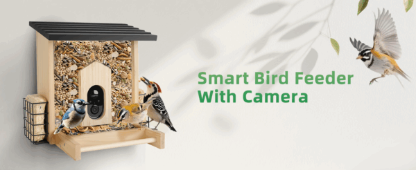 Comedero de madera para pájaros con cámara IA, alarma anti-ardillas y resistencia a la intemperie.