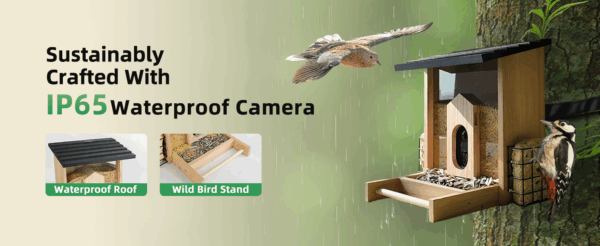 Comedero de madera para pájaros con cámara IA, alarma anti-ardillas y resistencia a la intemperie.