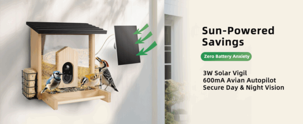 Comedero de madera para pájaros con cámara IA, alarma anti-ardillas y resistencia a la intemperie.