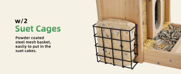 Comedero de madera para pájaros con cámara IA, alarma anti-ardillas y resistencia a la intemperie.