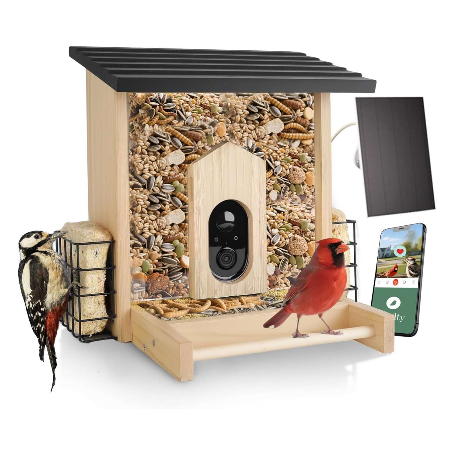 Comedero de madera para pájaros con cámara IA, alarma anti-ardillas y resistencia a la intemperie.
