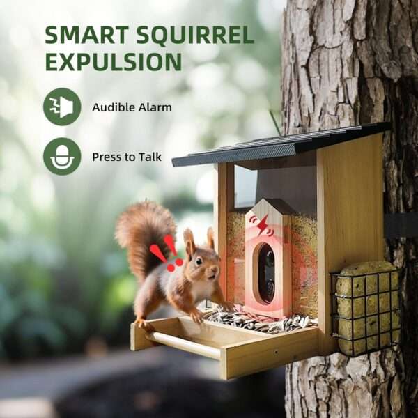 Comedero de madera para pájaros con cámara IA, alarma anti-ardillas y resistencia a la intemperie.