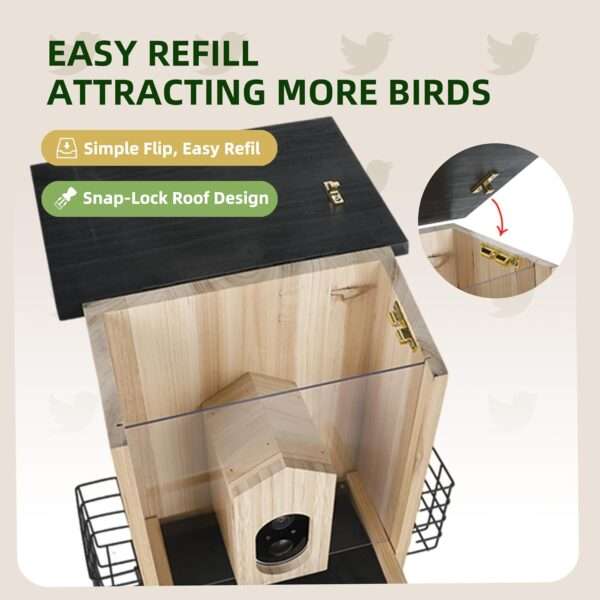 Comedero de madera para pájaros con cámara IA, alarma anti-ardillas y resistencia a la intemperie.