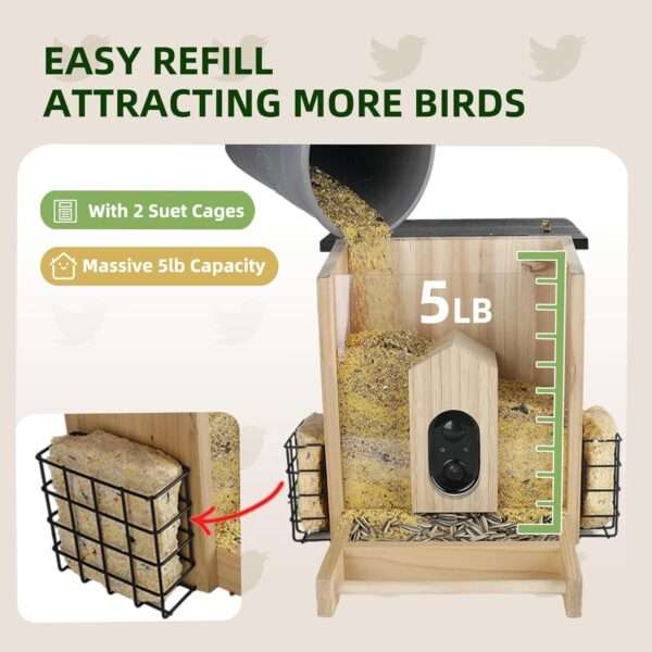 Comedero de madera para pájaros con cámara IA, alarma anti-ardillas y resistencia a la intemperie.