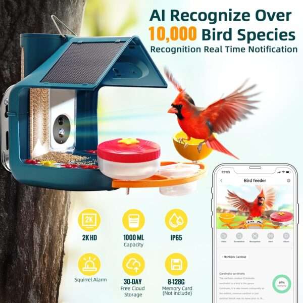 Comedero solar para pájaros con cámara 2K, detección de IA y accesorios DIY.