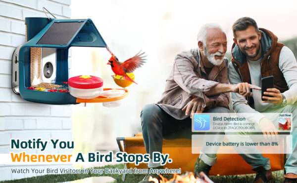 Comedero solar para pájaros con cámara 2K, detección de IA y accesorios DIY.