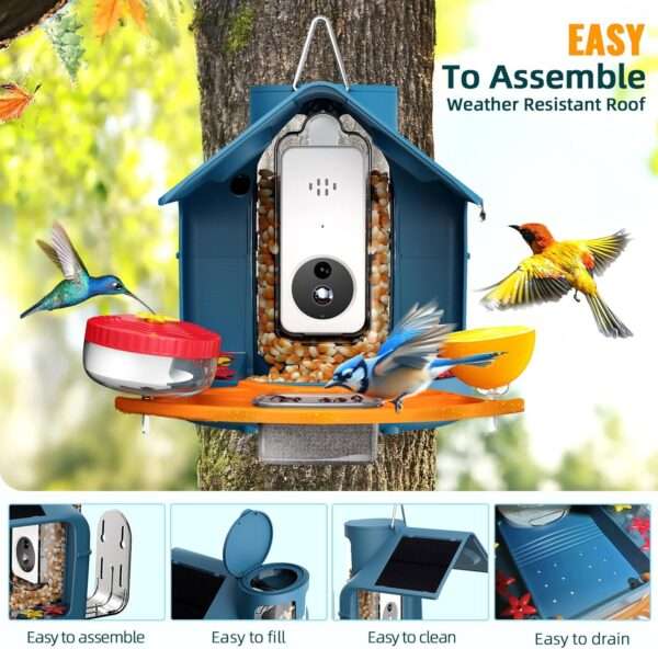 Comedero solar para pájaros con cámara 2K, detección de IA y accesorios DIY.