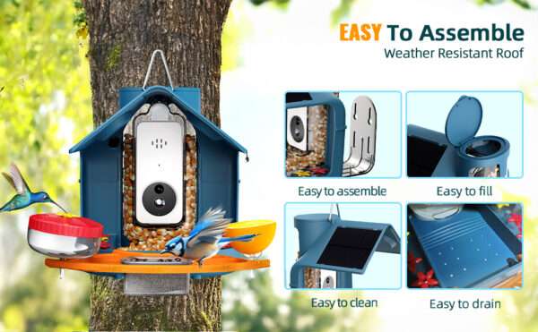 Comedero solar para pájaros con cámara 2K, detección de IA y accesorios DIY.