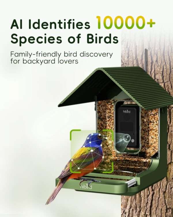 Comedero para pájaros con cámara 4K, detección de IA y Wi-Fi Dual Band, para observación de aves en exteriores.