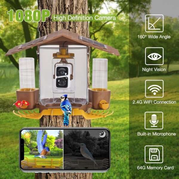 Comedero solar inteligente para pájaros con cámara AI, identificación de aves y video HD.