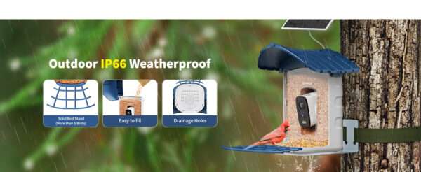 Comedero para pájaros con cámara Wi-Fi, energía solar, y detección de aves por inteligencia artificial.