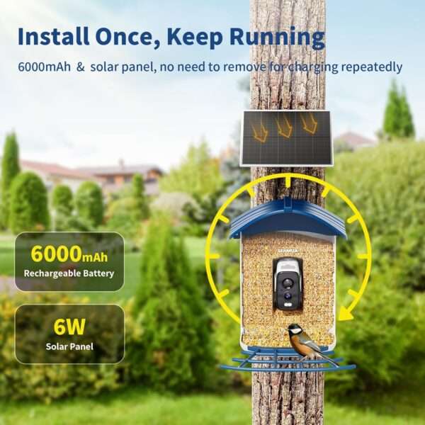 Comedero para pájaros con cámara Wi-Fi, energía solar, y detección de aves por inteligencia artificial.