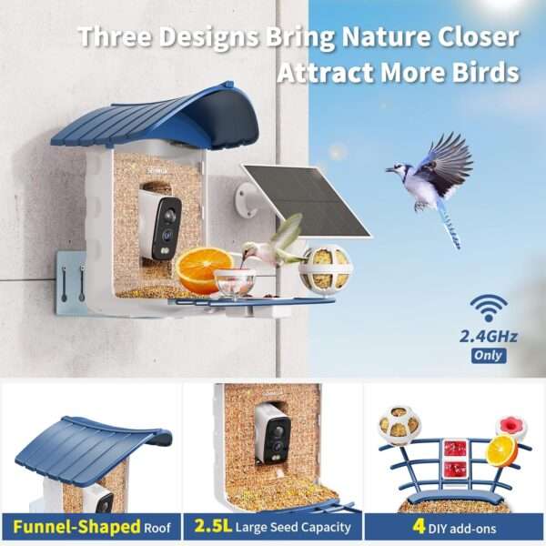 Comedero para pájaros con cámara Wi-Fi, energía solar, y detección de aves por inteligencia artificial.