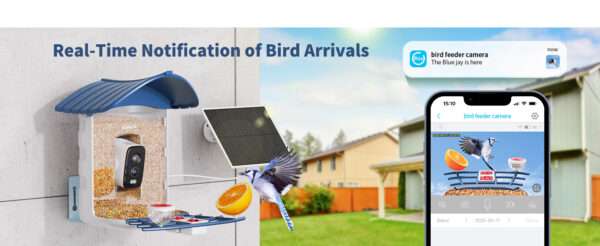 Comedero para pájaros con cámara Wi-Fi, energía solar, y detección de aves por inteligencia artificial.