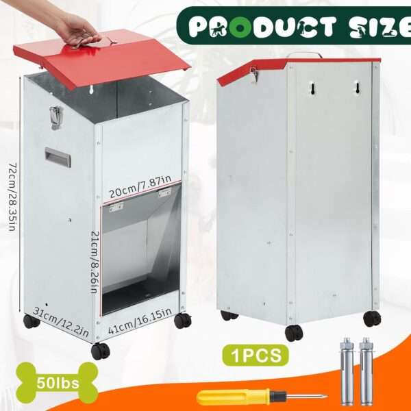Comedero por gravedad para perros grandes, de acero galvanizado con ruedas, capacidad 22 kg.