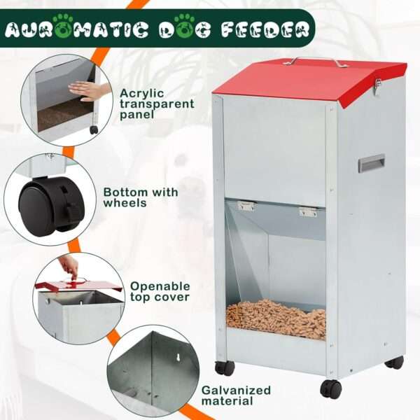 Comedero por gravedad para perros grandes, de acero galvanizado con ruedas, capacidad 22 kg.