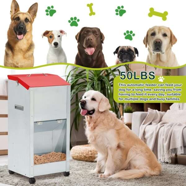 Comedero por gravedad para perros grandes, de acero galvanizado con ruedas, capacidad 22 kg.