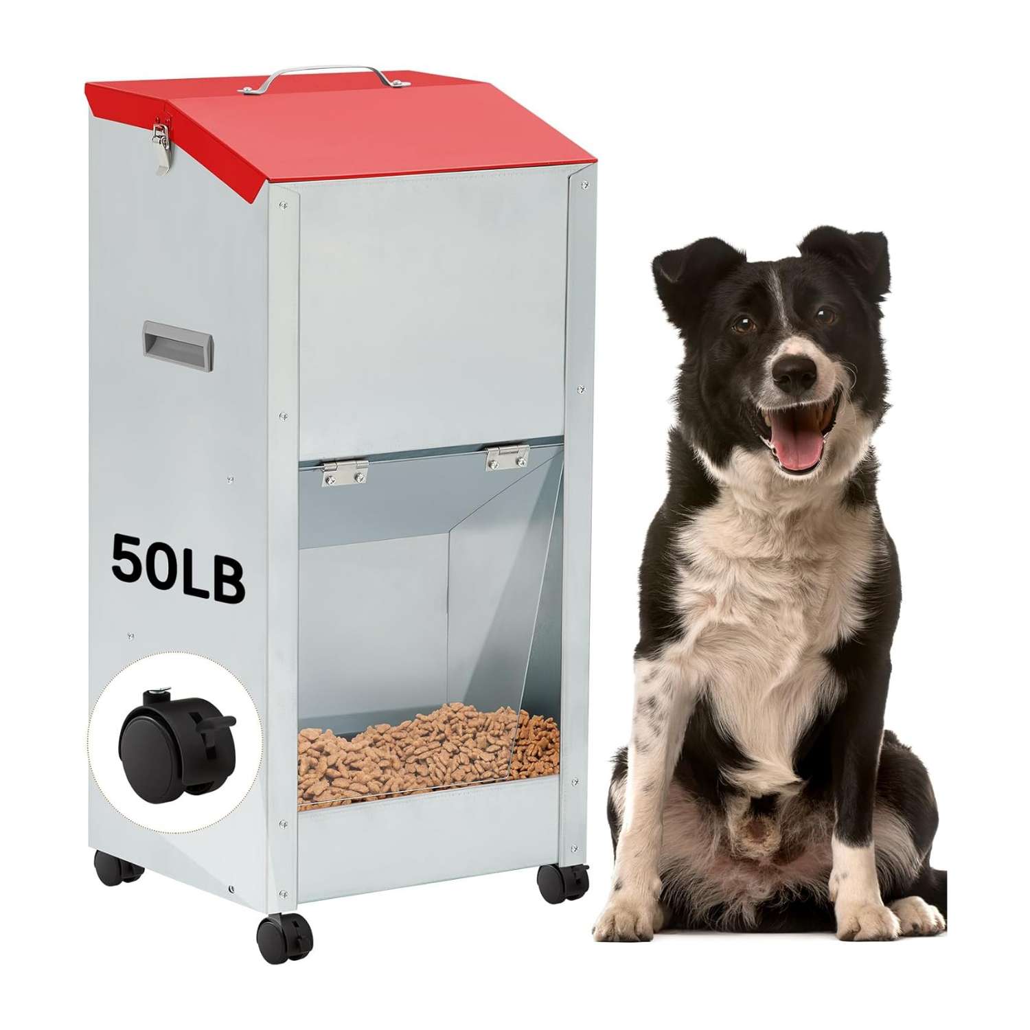 Comedero por gravedad para perros grandes, de acero galvanizado con ruedas, capacidad 22 kg.