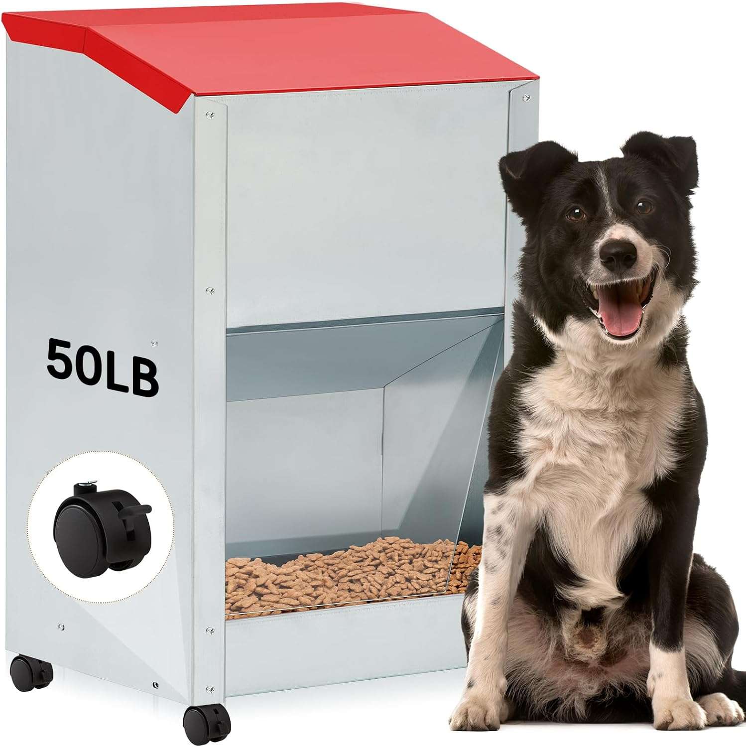 Comedero por gravedad para perros grandes, de acero galvanizado con ruedas, capacidad 22 kg.