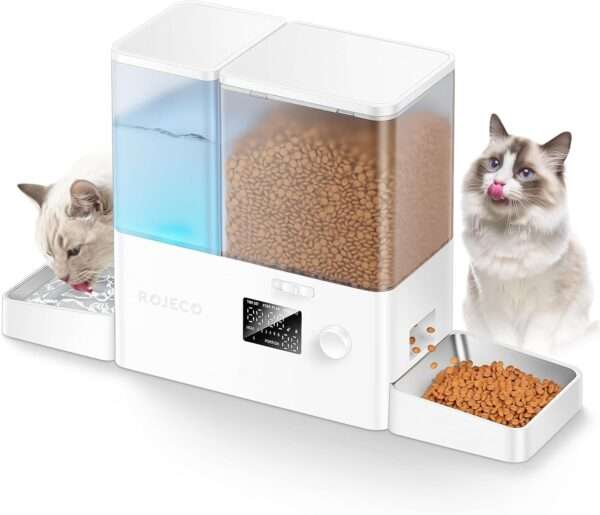 Comedero y bebedero automático 2 en 1 para perros y gatos, con cuencos de acero inoxidable.