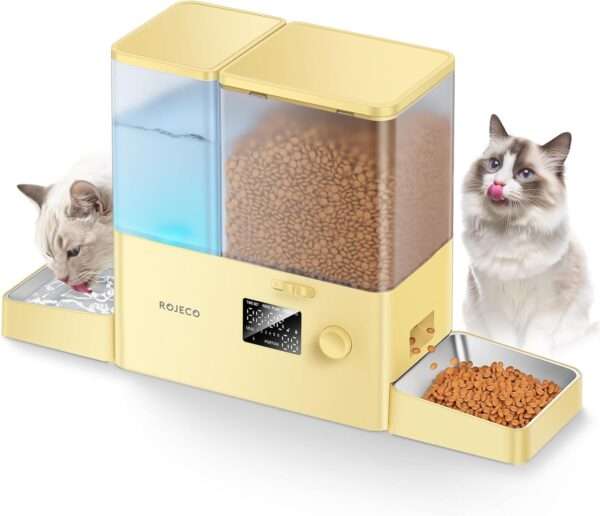 Comedero y bebedero automático 2 en 1 para perros y gatos, con cuencos de acero inoxidable.