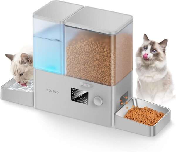 Comedero y bebedero automático 2 en 1 para perros y gatos, con cuencos de acero inoxidable.