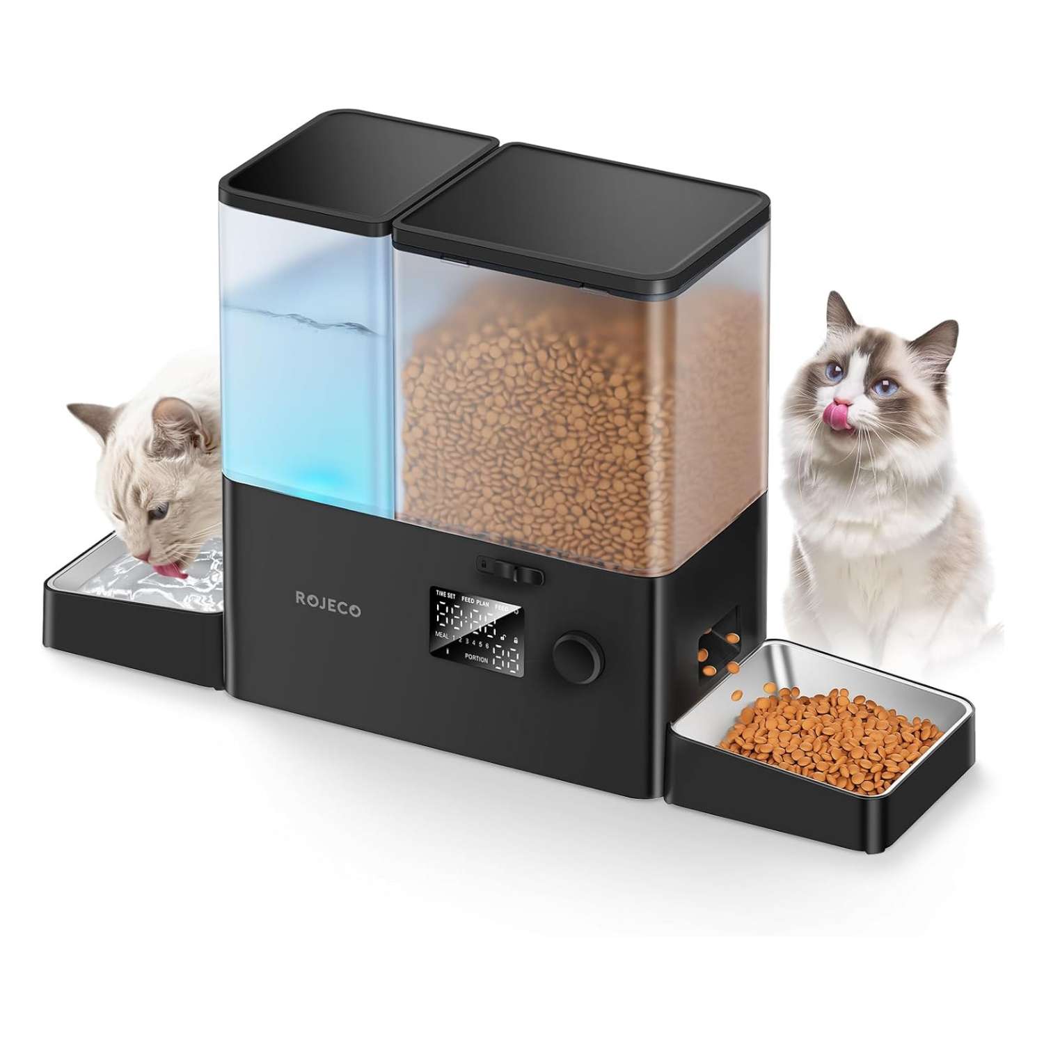 Comedero y bebedero automático 2 en 1 para perros y gatos, con cuencos de acero inoxidable.