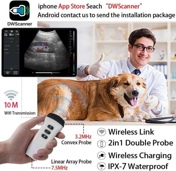 Ecógrafo Doppler color inalámbrico con doble sonda, ideal para diagnóstico veterinario.