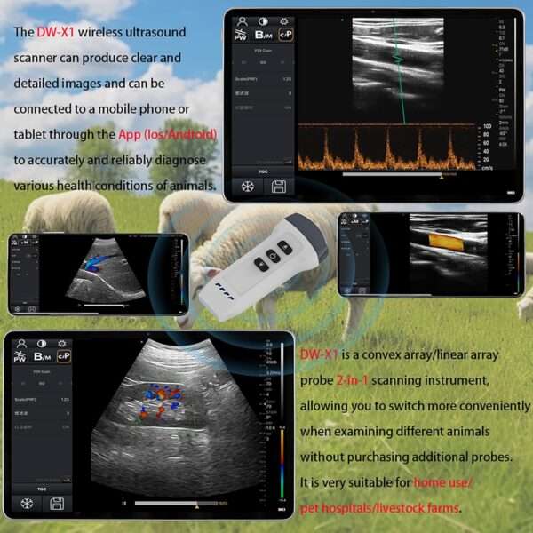 Ecógrafo Doppler color inalámbrico con doble sonda, ideal para diagnóstico veterinario.