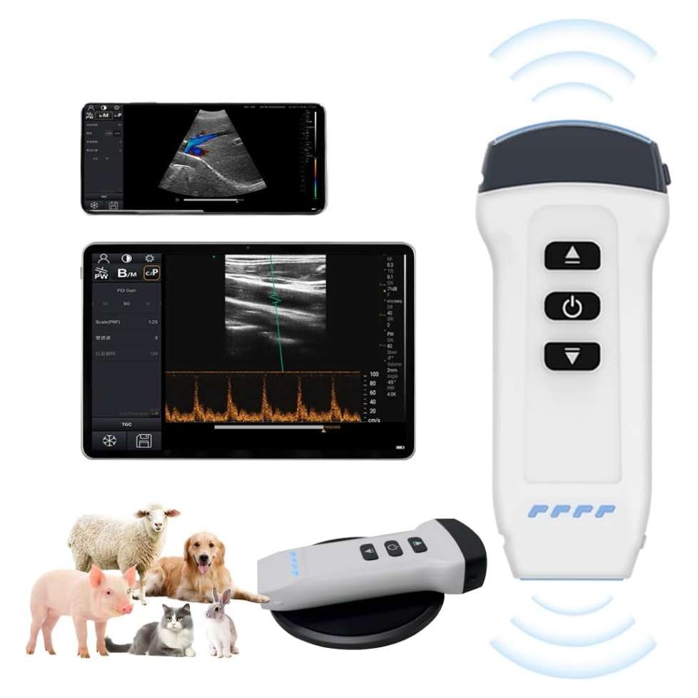 Ecógrafo Doppler color inalámbrico con doble sonda, ideal para diagnóstico veterinario.