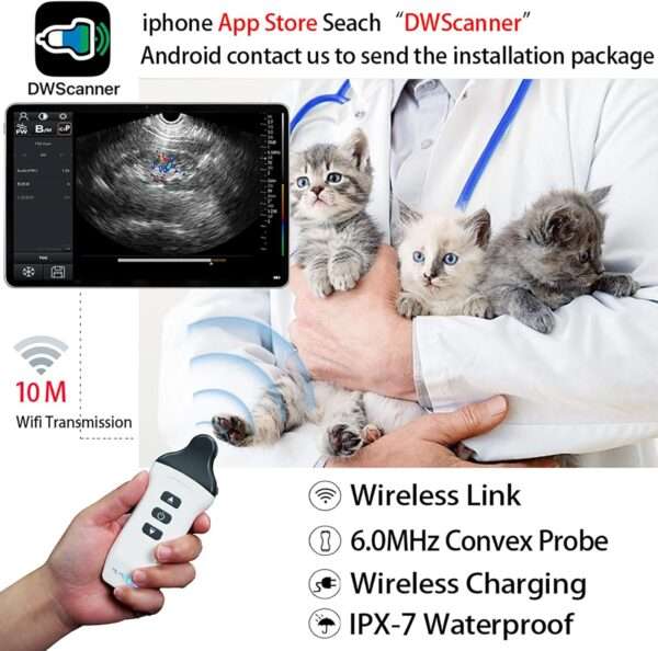 Ecógrafo Doppler color inalámbrico con sonda microconvexa, compatible con iOS y Android.