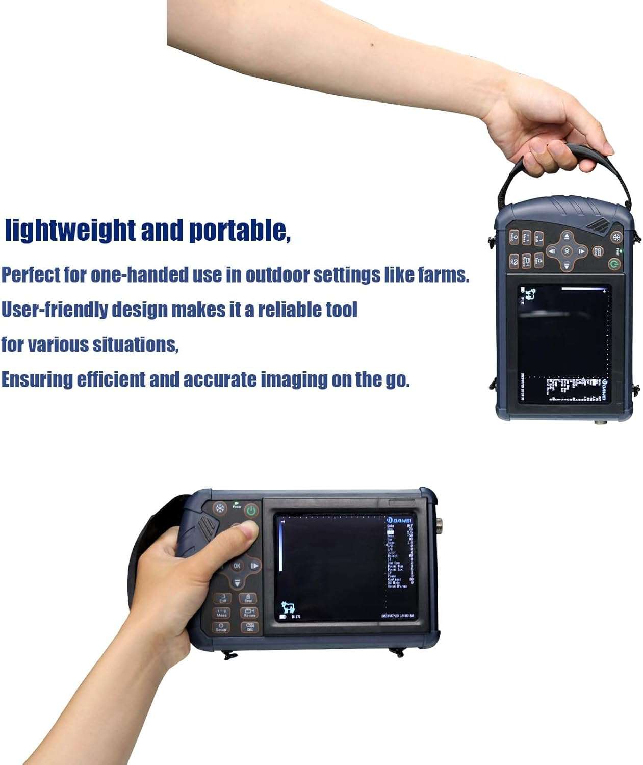 Ecografo veterinario portatil con pantalla LED y sonda convexa para el diagnostico de animales.