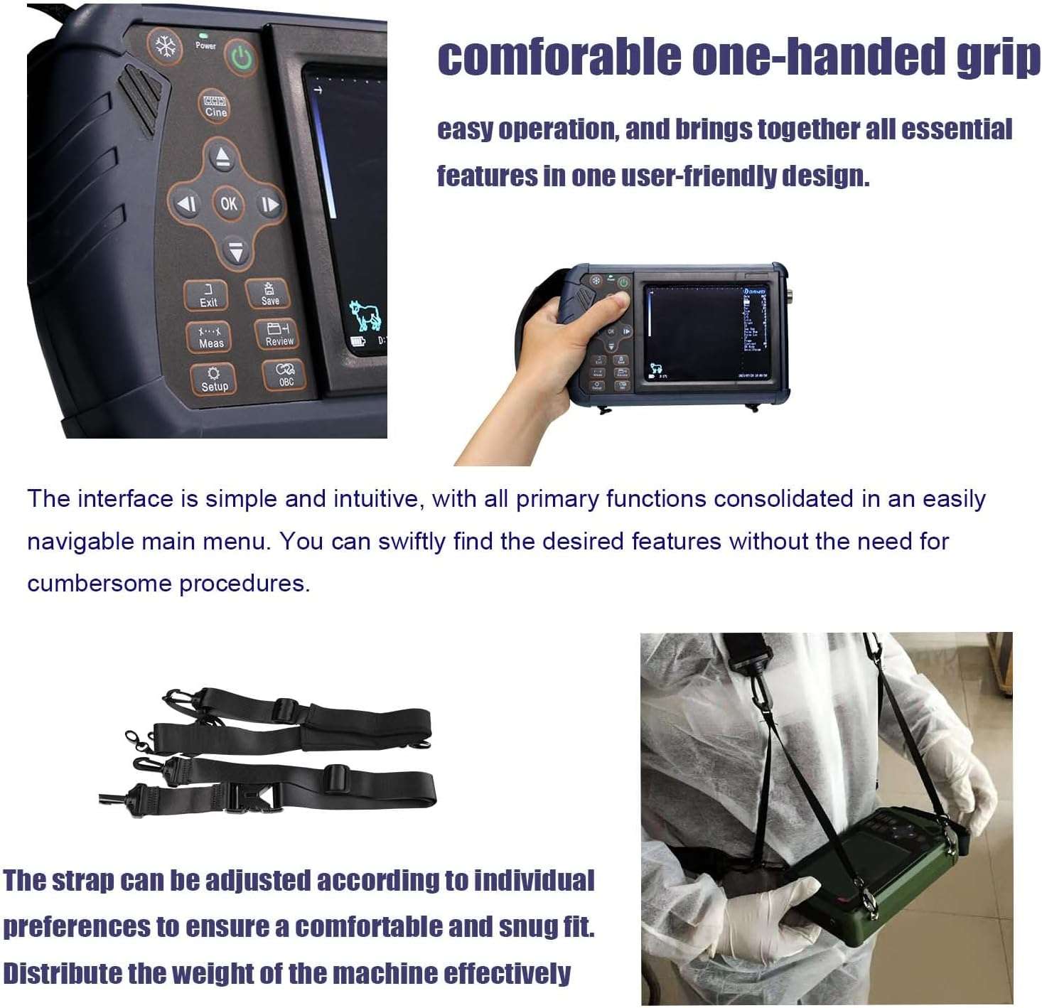 Ecografo veterinario portatil con pantalla LED y sonda convexa para el diagnostico de animales.