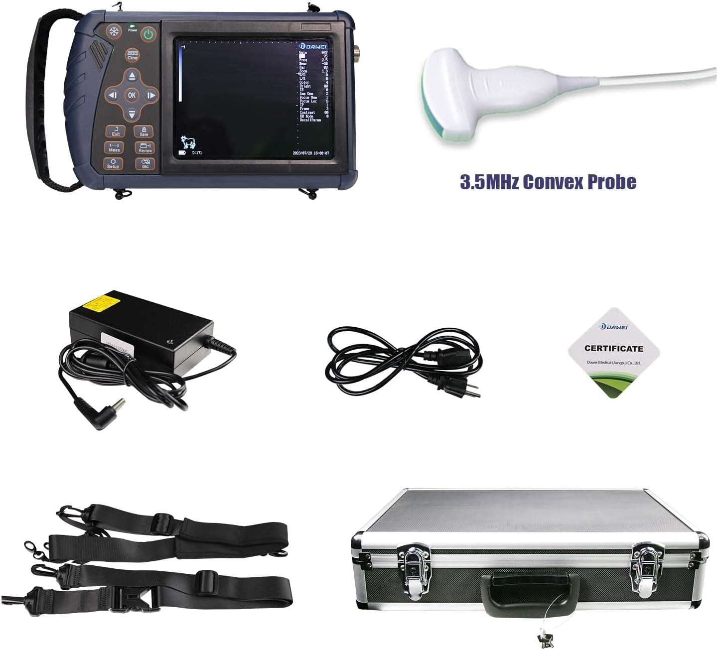 Ecografo veterinario portatil con pantalla LED y sonda convexa para el diagnostico de animales.