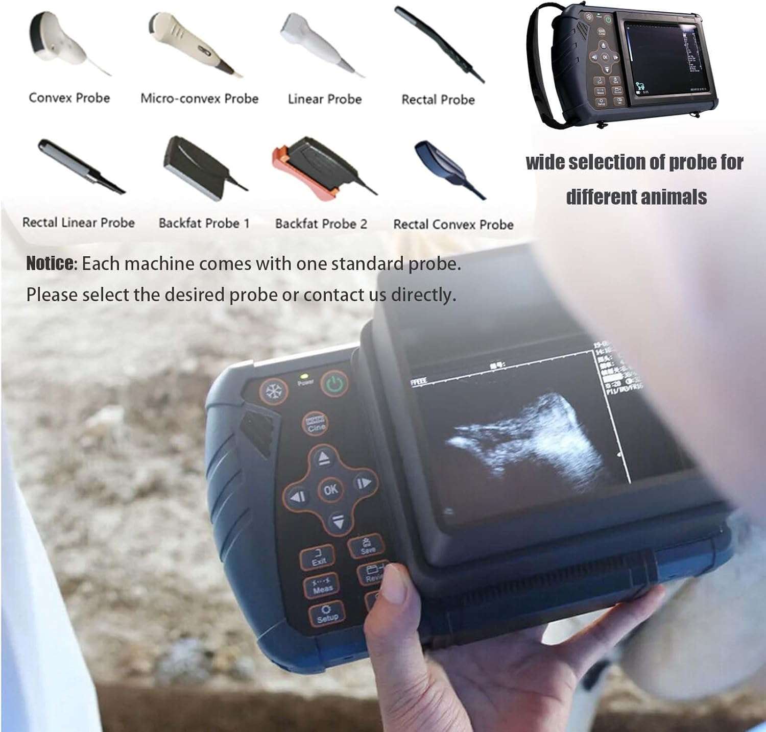 Ecografo veterinario portatil con pantalla LED y sonda convexa para el diagnostico de animales.