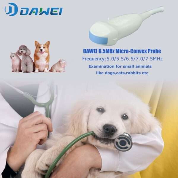 Ecógrafo veterinario portátil con sonda microconvexa 6.5 MHz para diagnóstico en animales pequeños.