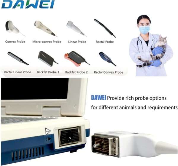Ecógrafo veterinario portátil con sonda microconvexa 6.5 MHz para diagnóstico en animales pequeños.