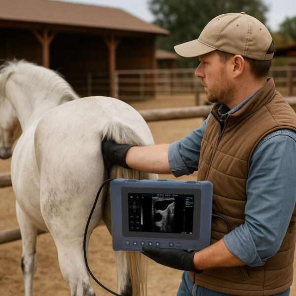 Ecógrafo veterinario portátil T1 con pantalla táctil y sondas dobles.