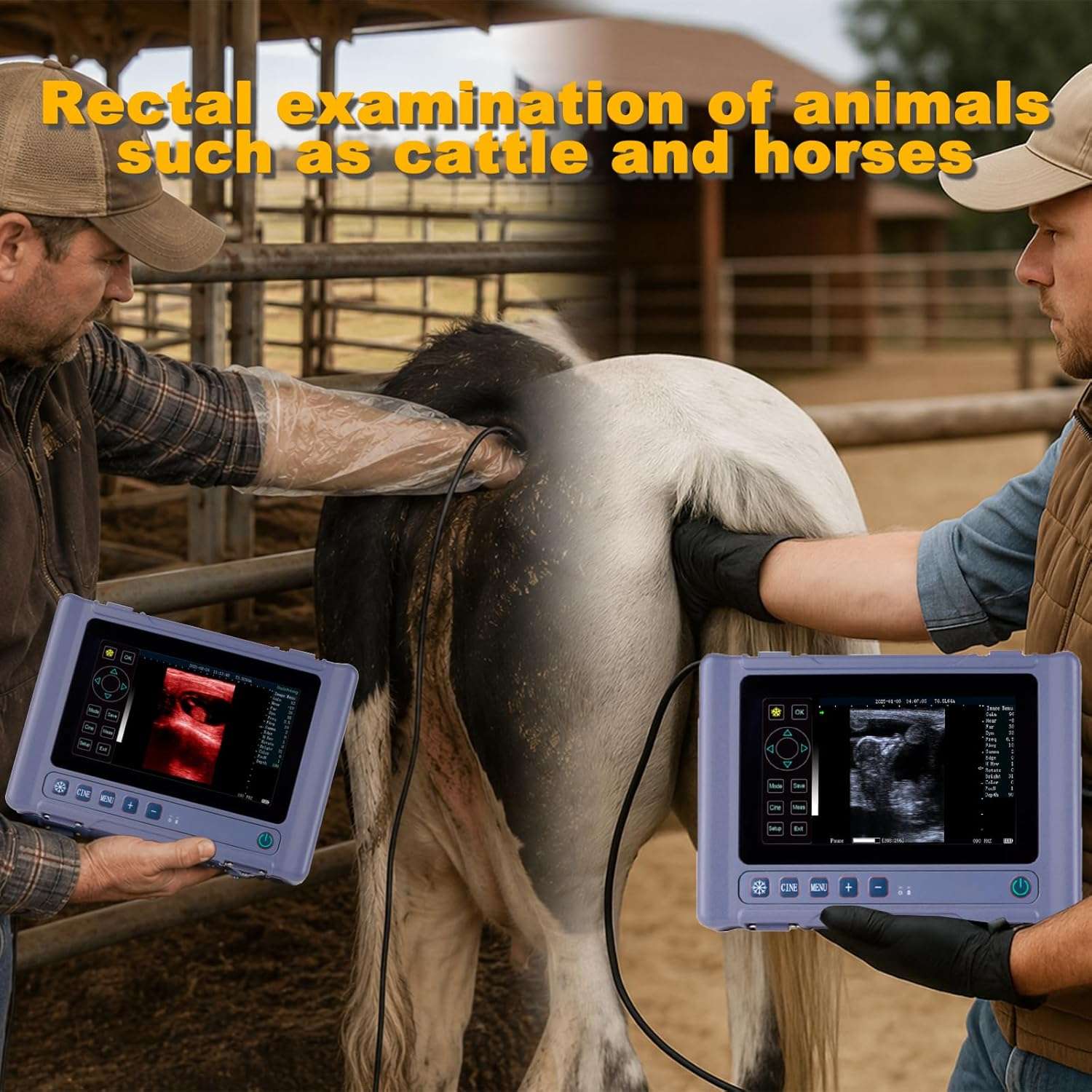 Ecógrafo veterinario portátil T1 con pantalla táctil y sondas dobles.