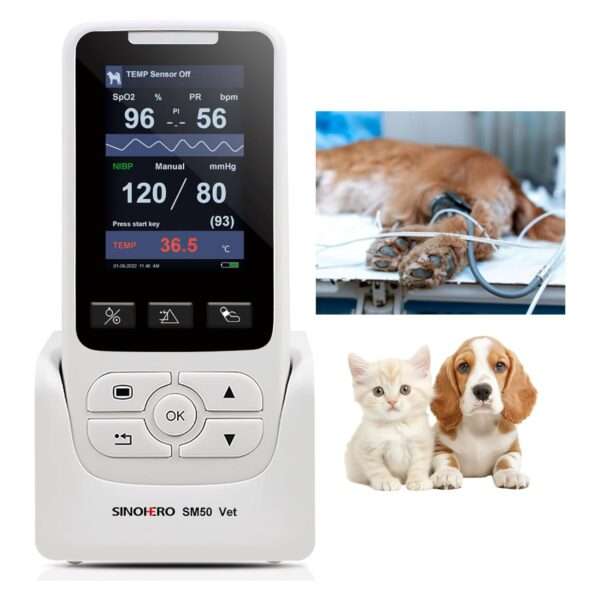 Monitor veterinario multiparámetro para perros y gatos, con SpO2, NIBP y TEMP.