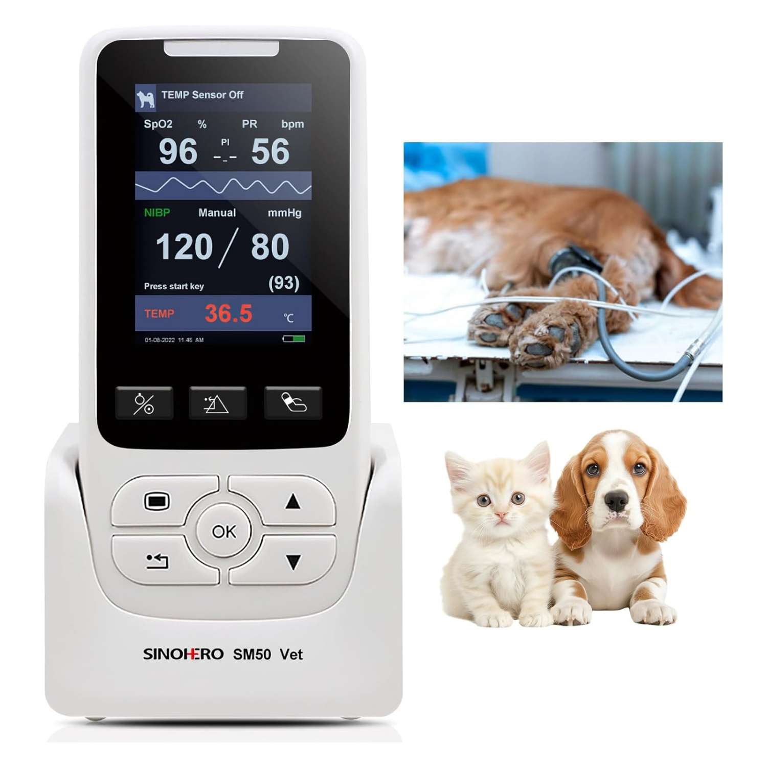 Monitor veterinario multiparámetro para perros y gatos, con SpO2, NIBP y TEMP.