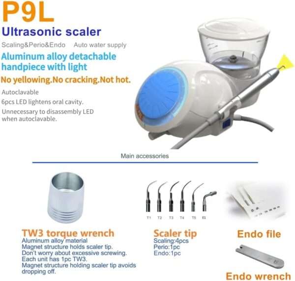 Escalador ultrasónico dental veterinario P9L con pieza de mano LED autoclavable.