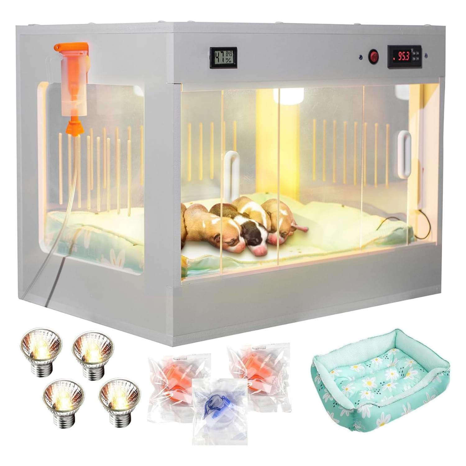 Incubadora neonatal inteligente para cachorros y gatitos, con caja calefactora y control de temperatura.